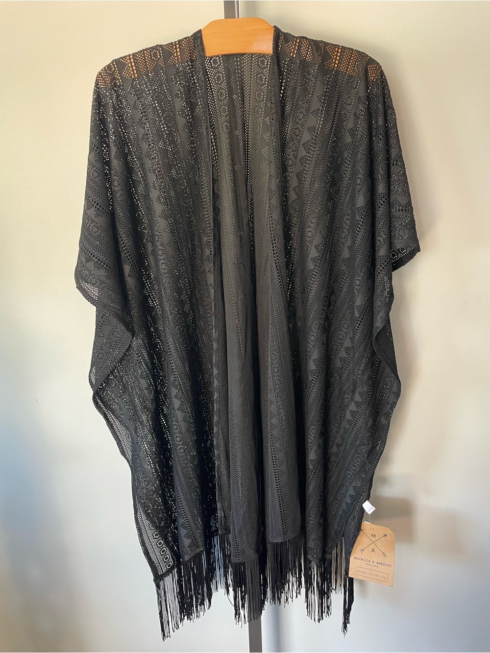 Marbella & Ashford Black Lace Fringe Kimono Beach Cover-Up Boho NWT OS